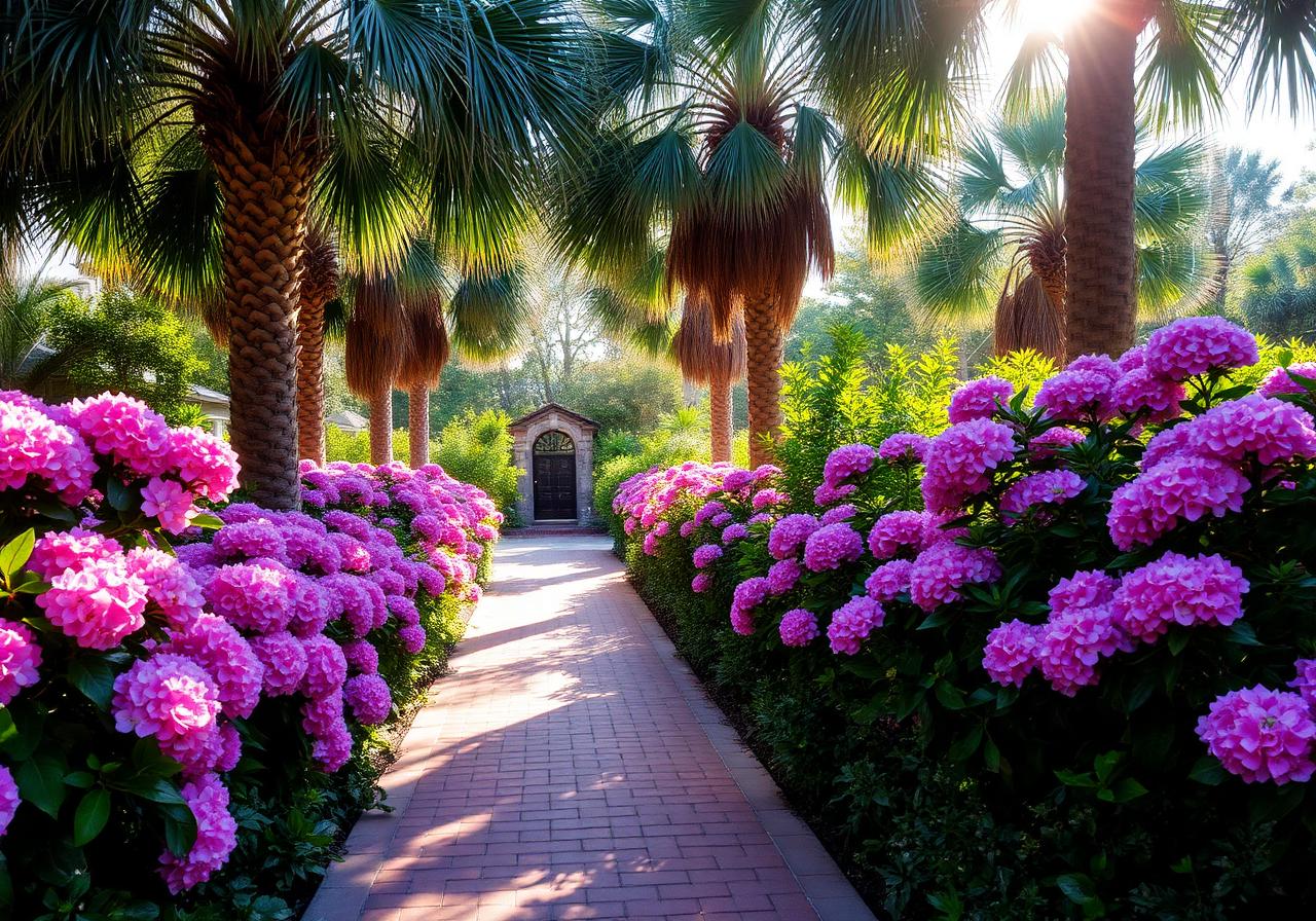 Charleston garden with palmettos and hydrangeas
