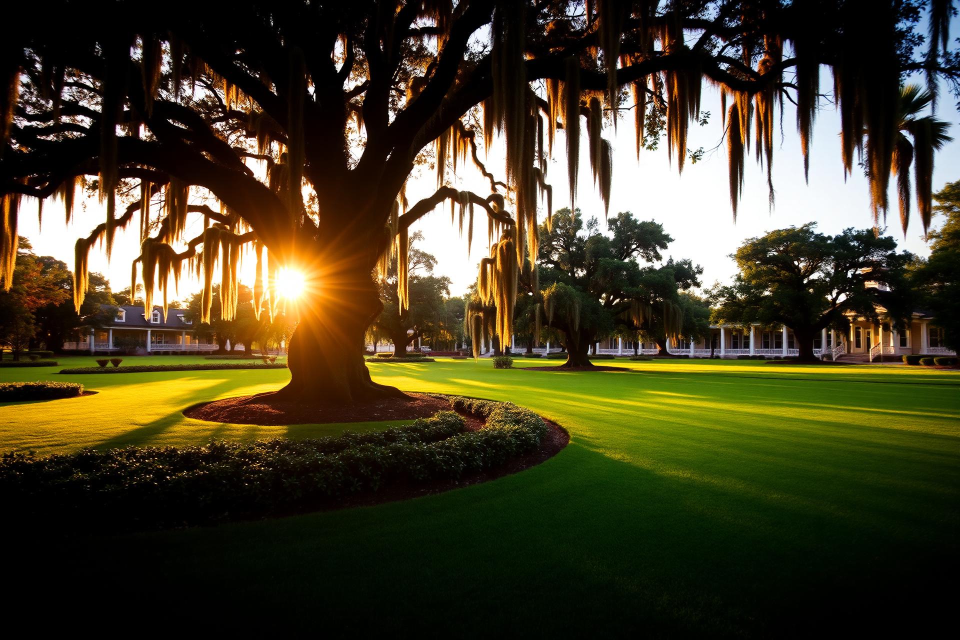 Lush Lowcountry landscape with oak trees and Spanish moss